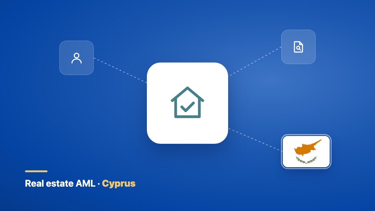 House icon with a check mark, linked to client and document icons and to the flag of Cyprus