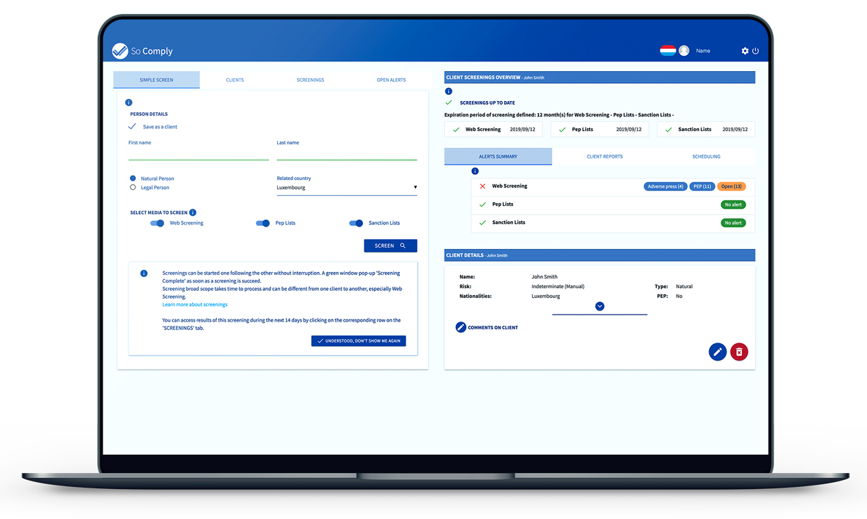 Interface de l’outil de conformité KYC Smart Oversight affichée sur un ordinateur portable