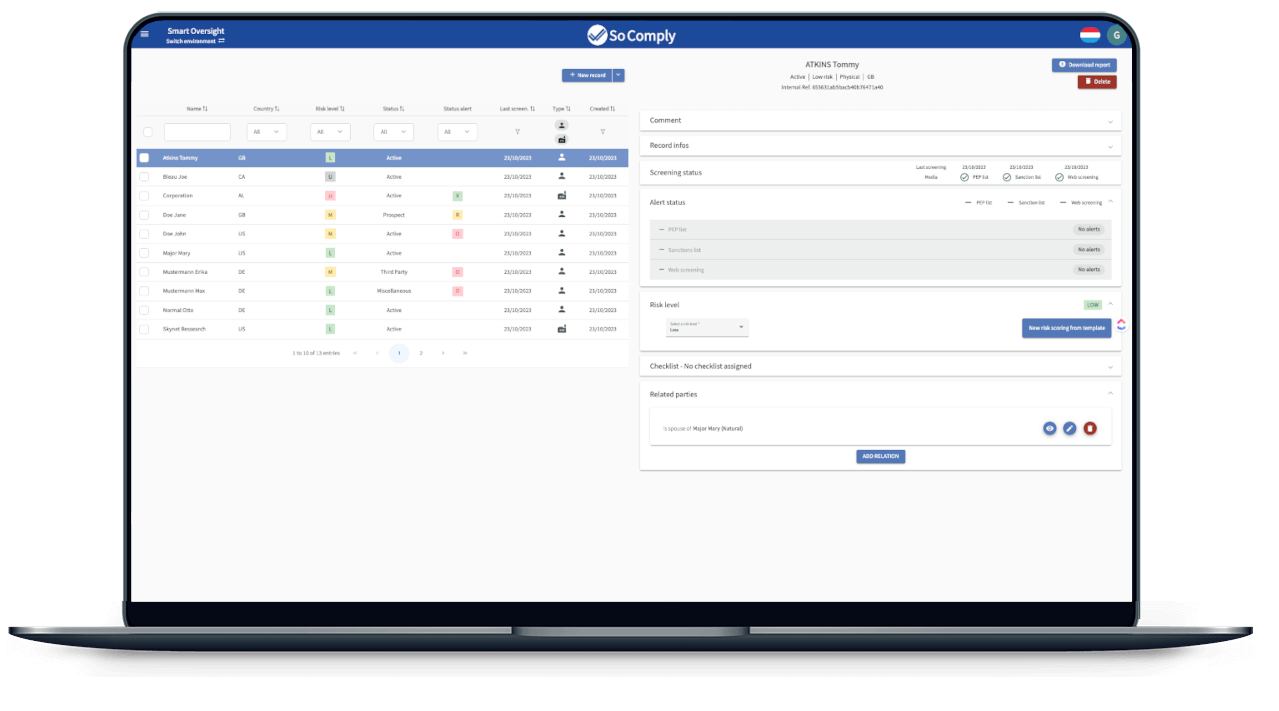 So Comply interface: client records with country, risk level, status and screening alerts